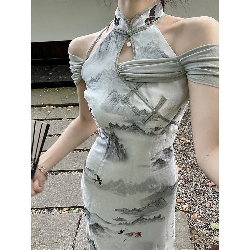 Cheongsam largo con hombros descubiertos, vestido Floral ajustado de tinta gris, aspecto elegante, vestidos de noche tradicionales Vintage, Qipao Sexy