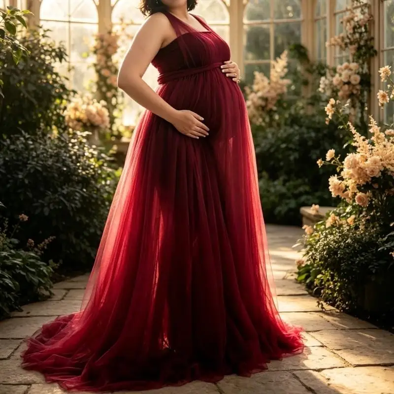 Waist Maternity Photo Gown for Women Sleeveless Floor Length Dress with Lightweight Layered and