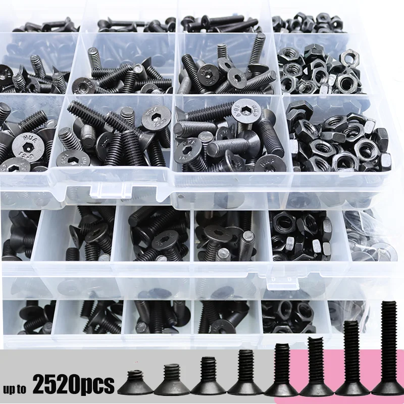 

2520/lot M2 M2.5 M3 M4 M5 M6 Hex Socket Bolts and Nuts Washers Carbon Steel Hexagon Socket Flat Countersunk Head Machine Screws
