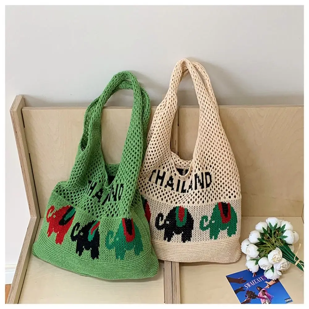 

Casual Summer Cotten Crochet Shoulder Bag Thailand Elephant Hollow Out Weave Bag Simple Large Capacity Beach Handbag Women