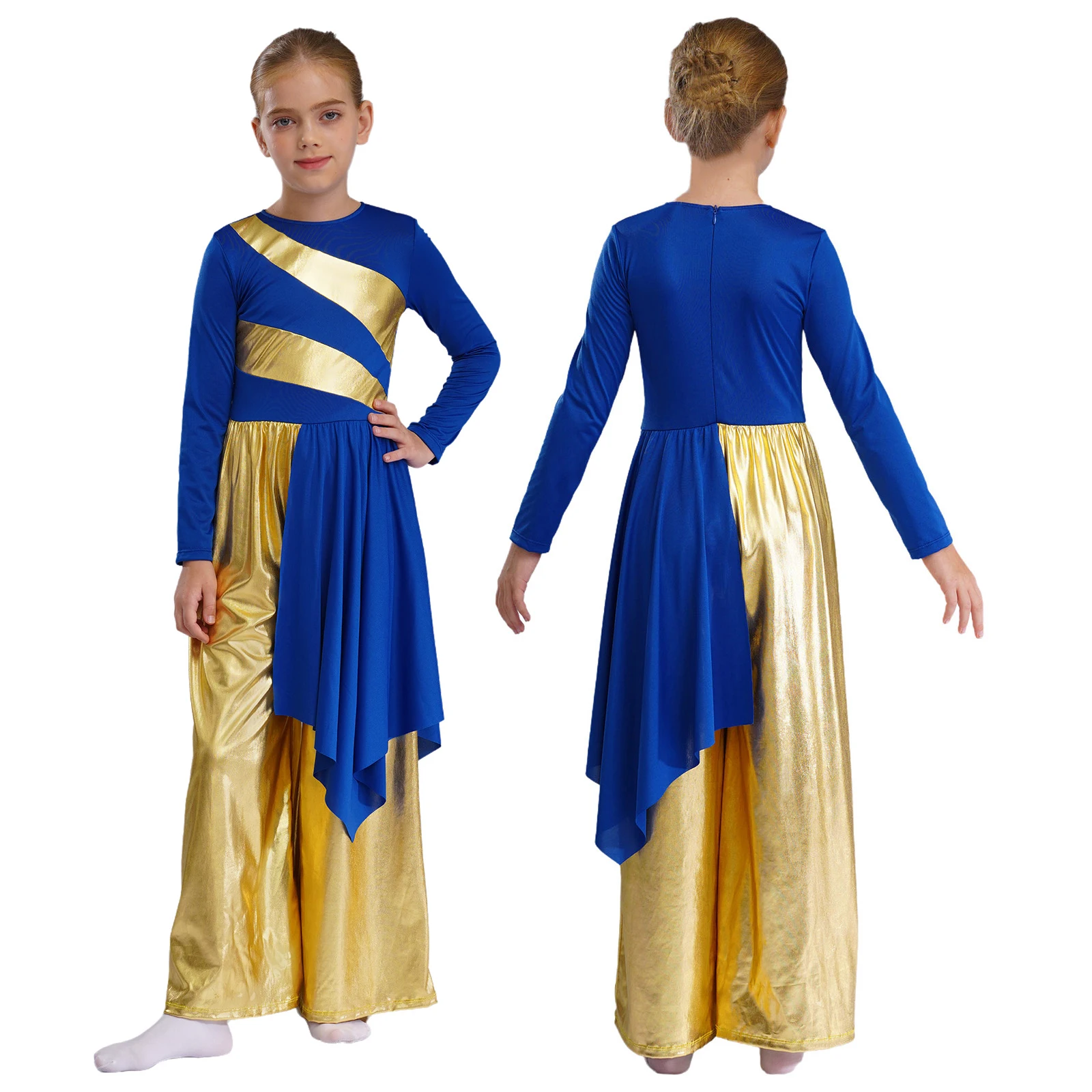 

New Kids Girls Liturgical Praise Dance Bodysuit Metallic Color Block Patchwork Irregular Drape Wide-Leg Jumpsuit Choir Dancewear