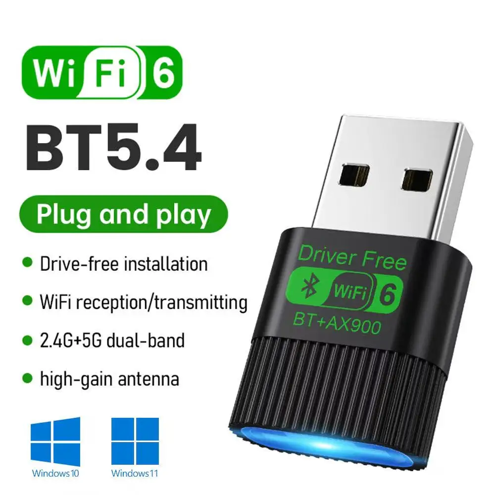 

2IN1 Driver Free Network Card WiFi6 Bluetooth 5.4 AX900Mbps Dual Band 2.4G+5GHz Wireless Receiver Adapter For PC Laptop Win10/11