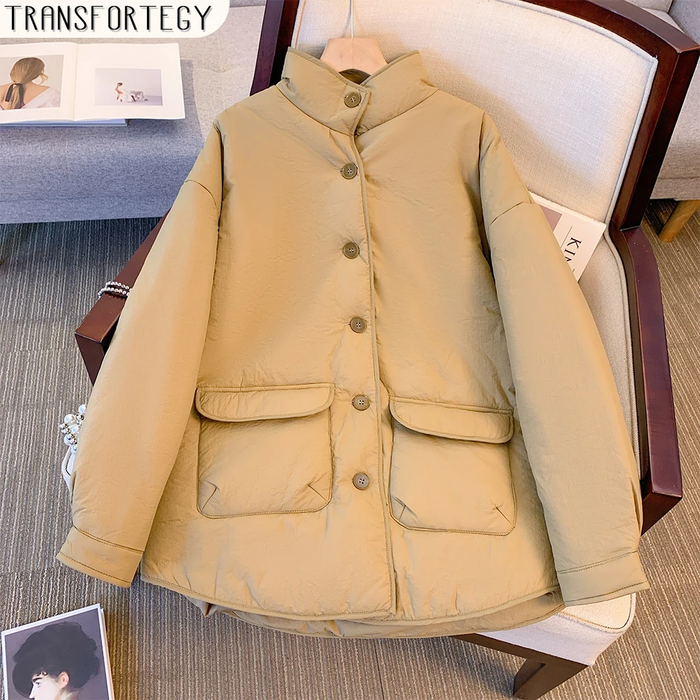 

Plus size women's winter casual thickened cotton-padded coat loose and comfortable khaki commuter coat 2024 new women's clothing