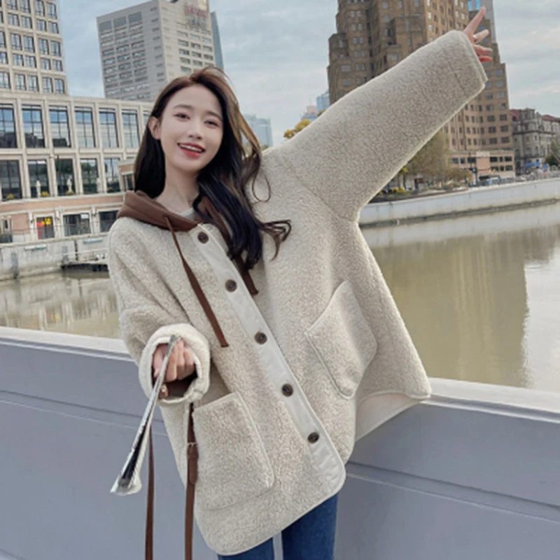 Oversize Wool Coat Women Korean Fashion Casual All Match Temperament Loose Patchwork Hooded Outerwear Lady Fall Winter Warm Coat