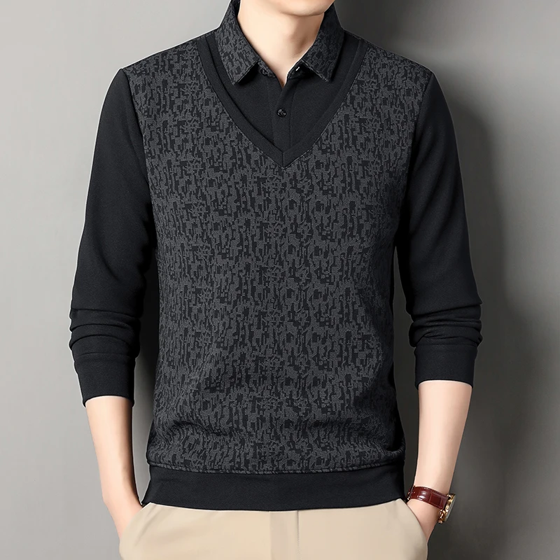 2025 Autumn Men Seersucker Patchwork Sweater Men Fleece Warm Pullover Male Shirt Collar Knitted Sweater Male Casual Undershirt