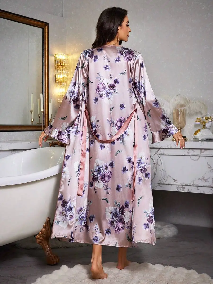 Floral Pattern Faux Silk Long Sleeve Robe With Matching Spaghetti Strap Nightgown Set For Autumn Winter