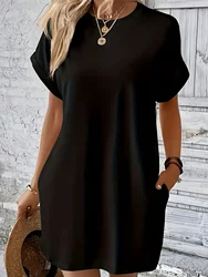 Vestido monocromático simples com bolsos para mulheres, plus size, manga curta casual, gola redonda, plus size, primavera e verão