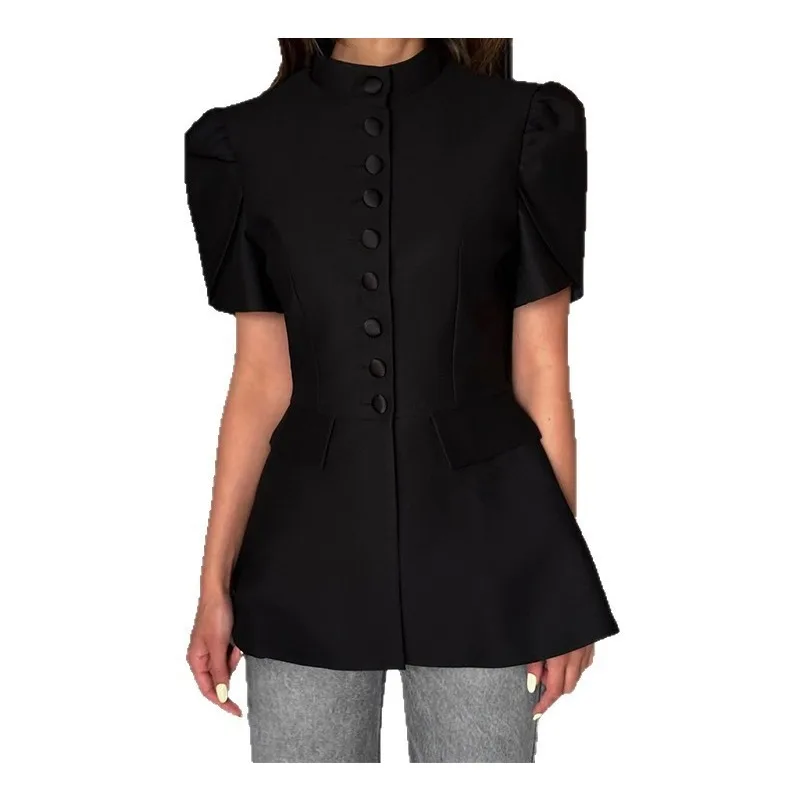 

2025 Spring and Summer Sweet and Fresh Stand-up Collar Single-breasted High-waisted Shirt Women's T-shirt