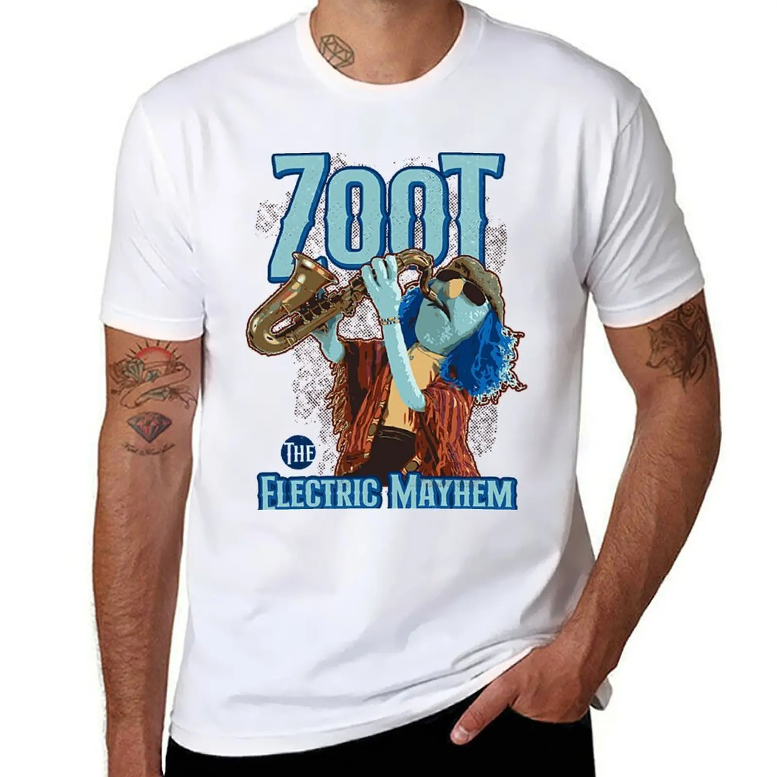 

Blue-Haired Saxophone Electric Mayhem T-Shirt man graphic t shirt black cotton t-shirt plain for man package T-Shirt