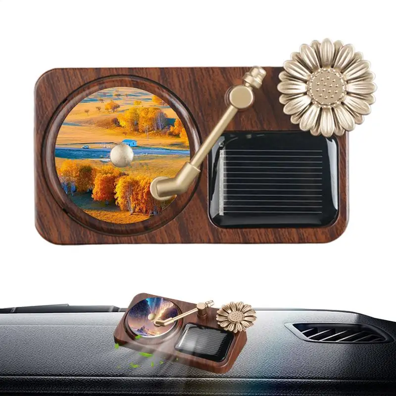 Record Player Air Freshener Rotating Diffuser Car Solar Air Freshener Odor Removal Adhesive Mounting Dashboard Ornament For