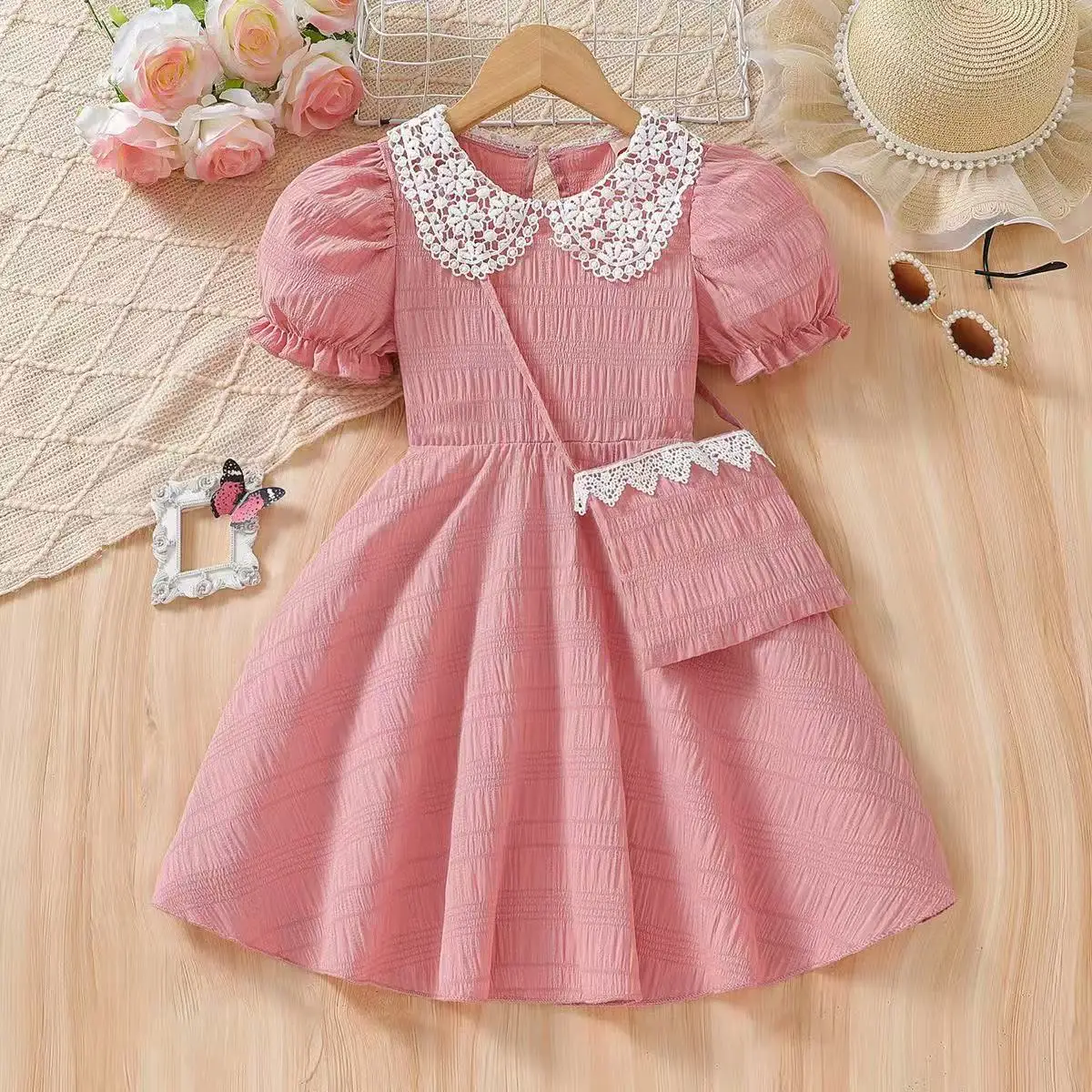 

2026 New Spring Girls 2 Piece Set European Elegant Style Lace Lapel A-Line Dress With Outfit for 2-7Y