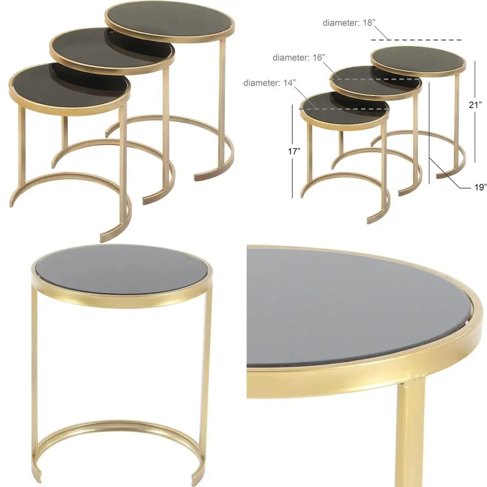 

Deco 79 Gold Metal Round Nesting End Tables Set, Black Glass Top, 3 Sizes: 21, 19, 17 Inches High
