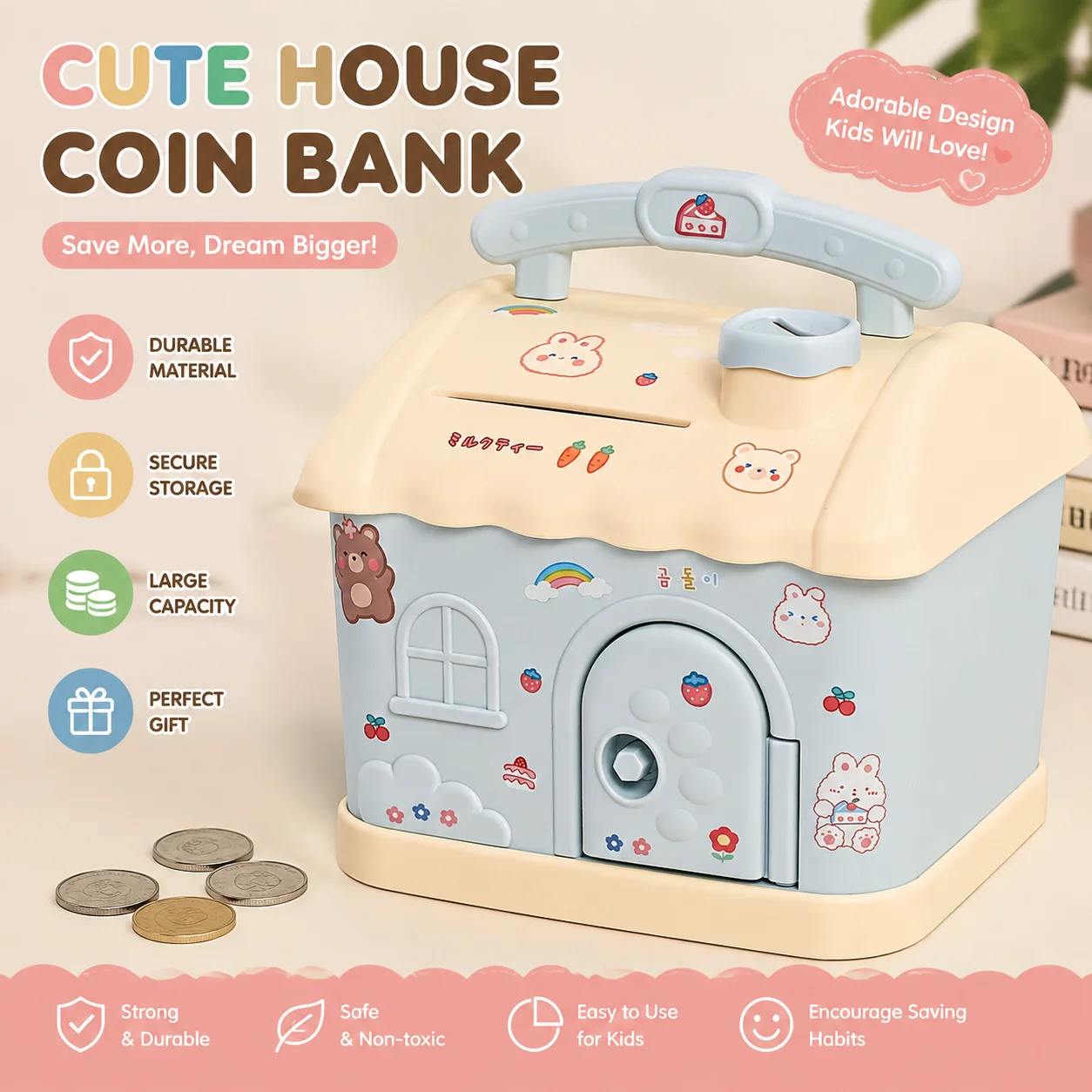 1PC Piggy Bank with Key House Shape Cute Cash Box New Piggy Bank Home Decoration Ornament Gift Stickers