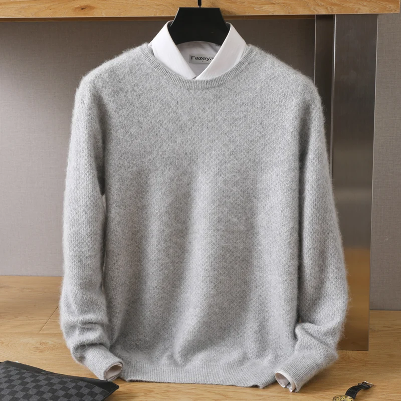 2023 Men\'s 100% Pure Mink Cashmere Shirt Round Neck Pullover Versatile Casual Knitting Warm Long Sleeve High End Rice Grain Top