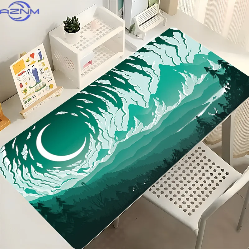 Teal Moon Forest Landscape Large Desk Mat, Crescent Moon Mountain Tree XXL Mouse Pad Non-Slip Rubber Lock Edge Gaming Keyboard M