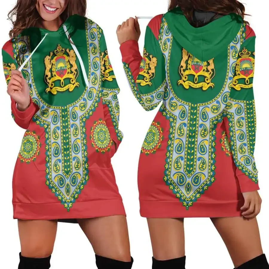 Sudadera con capucha de la zona africana para mujer, vestido de sudadera con estampado, vestido delgado de calle de moda, vestido de Sudadera con capucha de la bandera de acción de Marruecos