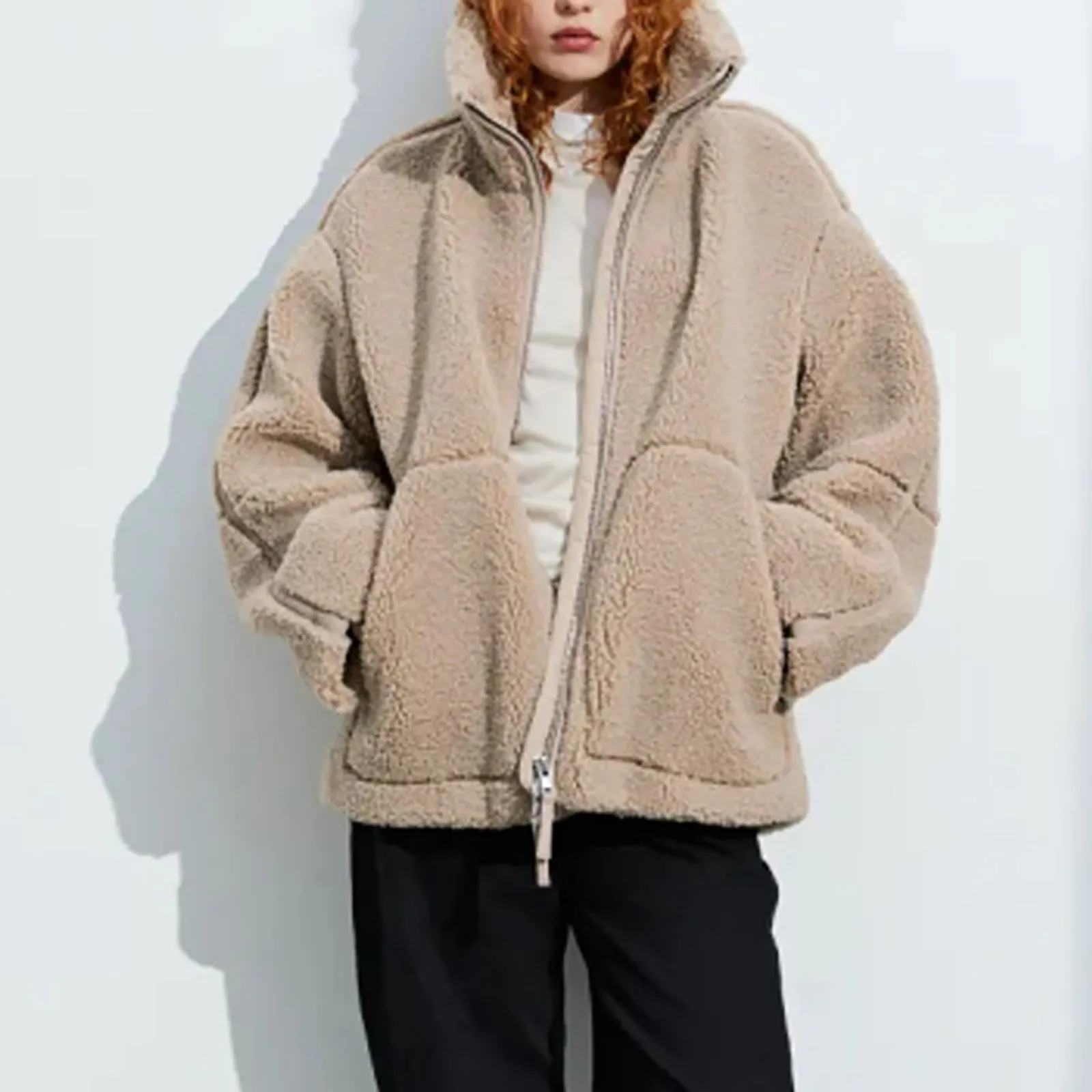 

Autumn Winter Warm Women Jackets Long Sleeve Zipper Lamb Wool Coat Stand Collar Casual Pocket Elegant Solid Lady Plush Outwear