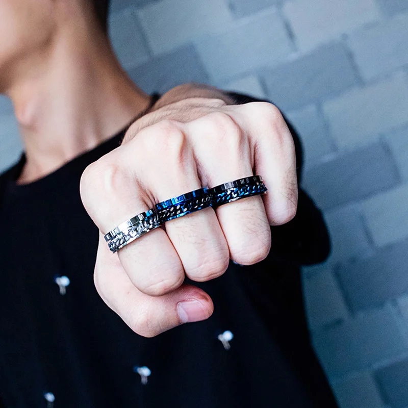 

Men's EDC Stainless Steel Finger Fidget Spinner Ring with Rotatable Chain Classical Roman Digital Power Sense Charm Jewelry Gift