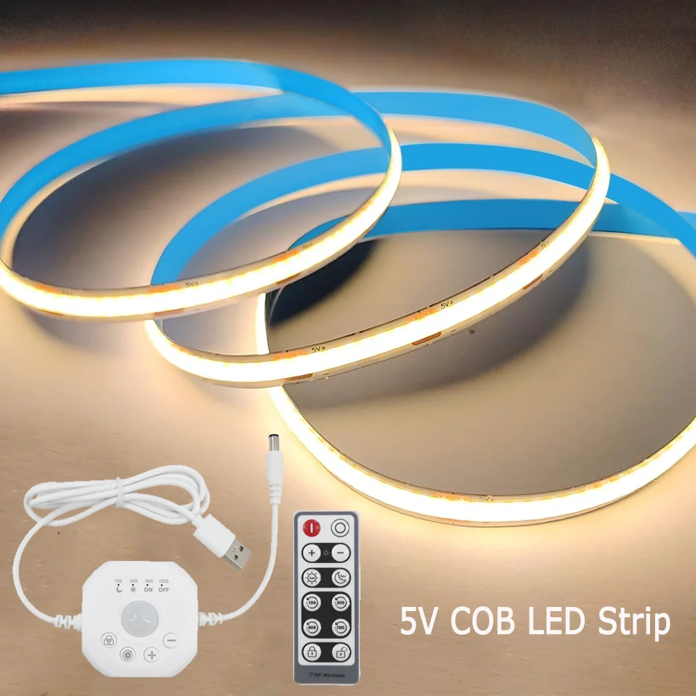 USB PIR Motion Sensor 5V COB LED Strip 1m 2m 3m 4m 5m Warm Natural White Dimmable TV Tape Night Light Room Decor Remote Control