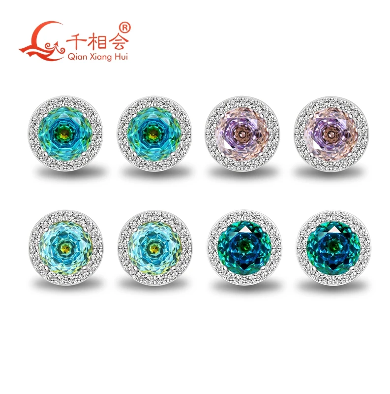 earrings melee white cubic zirconia Halo earrings 6mm round blue purple eye's stone mixed special color cz stone S925 silver