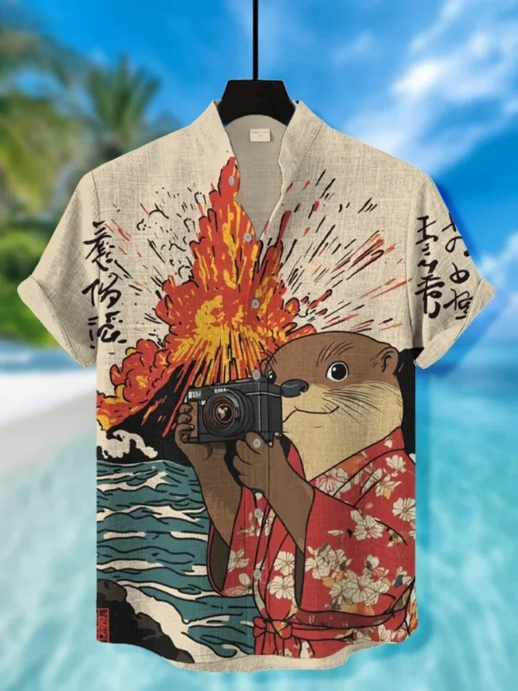 

Men's Retro Short Sleeve Shirt Vintage Harajuku 2026 Stand Collar Tops Fashion Volcanic Eruption Otter Taking A Photo Print Tees