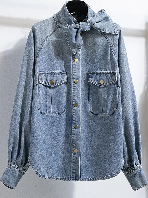 

Loose Fit Denim Shirt Jacket Women's Street Style Spring Cotton Long Sleeve Lantern Sleeve Stand Collar Button up Coat