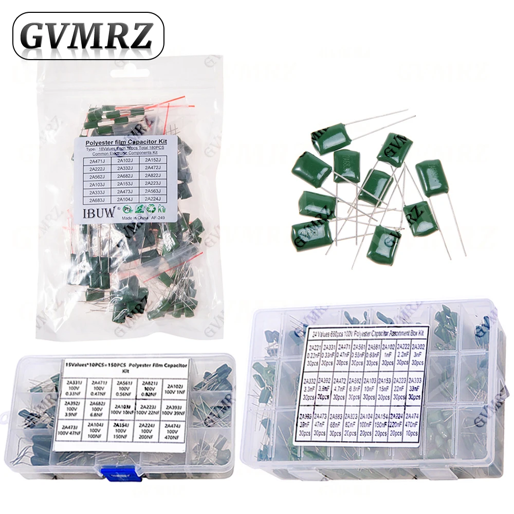 Kit de condensateurs à film polyester 330PF 470PF 560PF 102 222 472 103 223 333 473 104 1NF 2.2NF 10NF 22NF 47NF 100NF 0.1UF