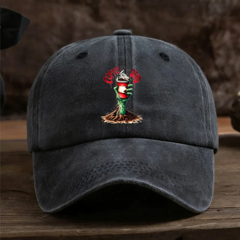 Vintage Washed Baseball Cap Zombie Hand Holding Coffee Cup Graphic Adjustable Dad Hat for Halloween Fall Party Daily Street Wear