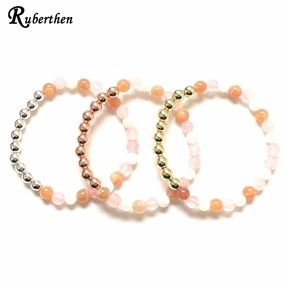 Ruberthen New Design 6 MM Sunstone Moonstone Madagascar Rose Quartz Gemstone Bracelet Womens Cooper Beads Yoga Wrist Mala