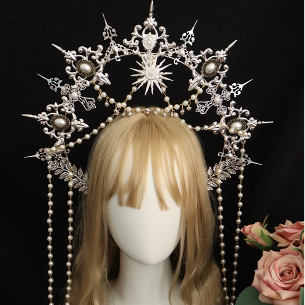 

Silver Gothic Halo Crown Lolita Tiara Headband Halloween Vintage Sun Goddess Baroque Headpiece