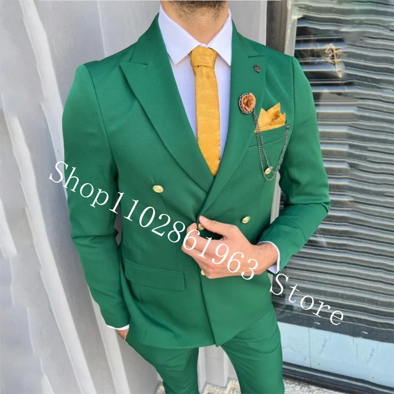 Elegant Double Brerasted Suits For Men Slim Fit 2 Pieces Suits Blazer Pants Groomsmen Wedding Tuxedos Groom Wear Costume Homme