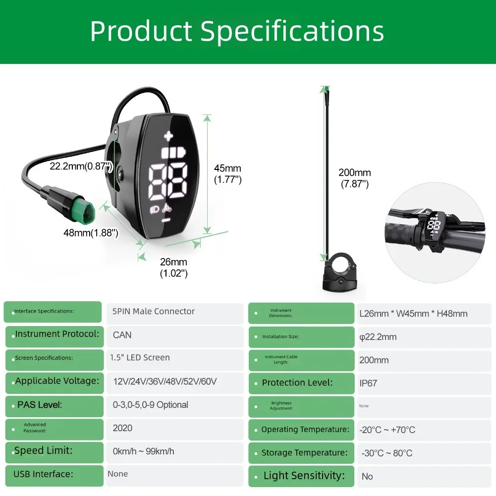 

Дисплей двигателя Дисплей для электровелосипеда 1,5-дюймовый HD светодиодный экран Регулируемый размер колеса IP67 Водонепроницаемый Рейтинг Несколько уровней PAS