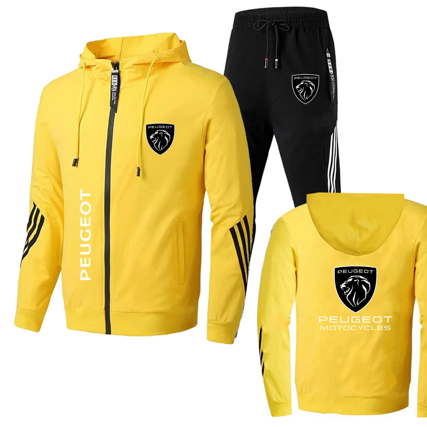 2025 neue trendige Peugeot Herrenbekleidung, Logo-Druck, Trainingsanzug, lässig, übergroß, Herren-Sweatshirt mit Reißverschluss + Hose, 2-teilige