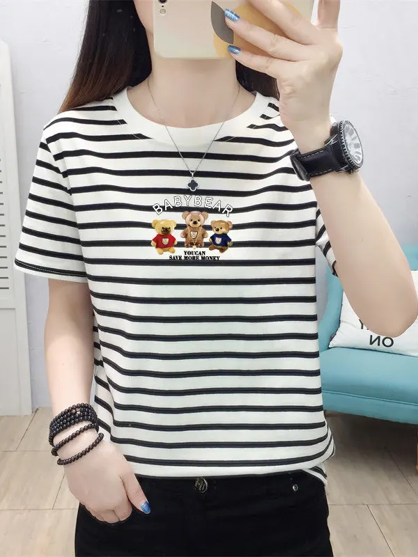 

New 2026 round Neck Short Sleeve T-Shirt Women's Loose Fit Fashionable Striped Base Shirt Versatile Summer Top Slimming Effect