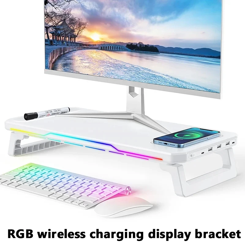 RGB Light Effect Rechargeable Desktop Monitor Height Stand 3 USB 2.0 Port Universal Laptop Storage Rack With Wireless Charging