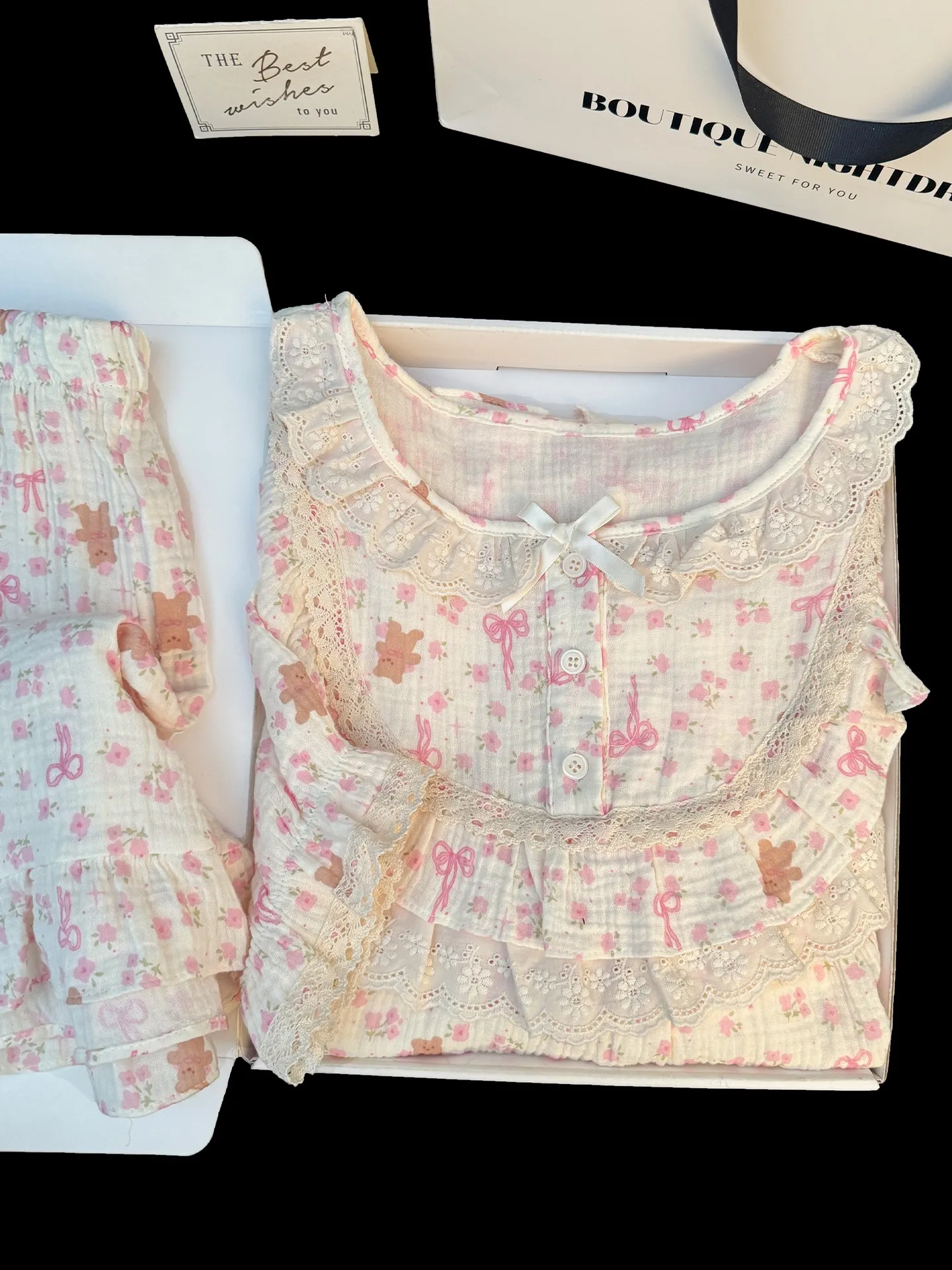 pure-cotton-floral-bear-nightgown-women's-summer-short-sleeve-home-clothes-princess-style-pleated-sweet-home-clothes