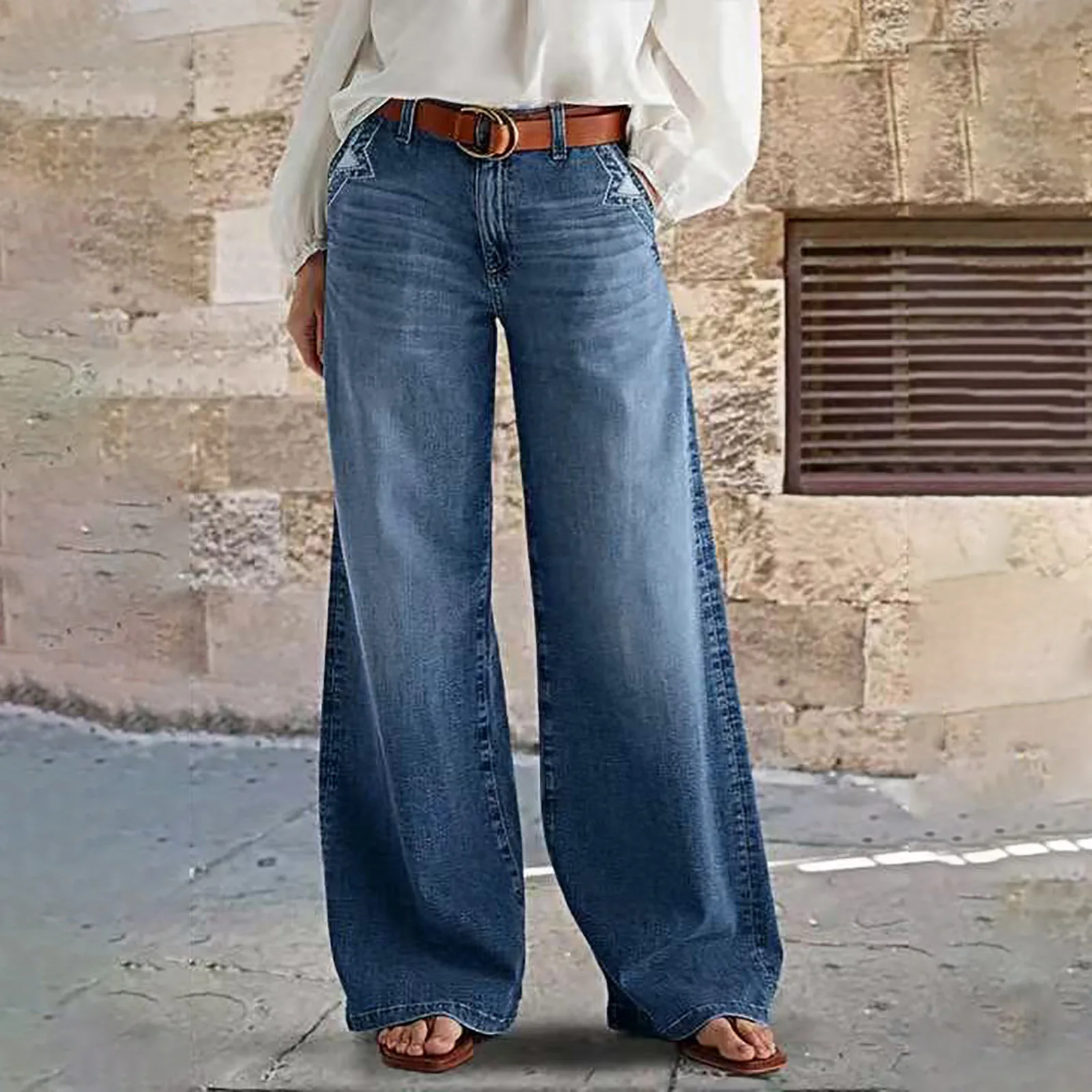 American New Simple Basic Fashion Women Jeans Slim Loose Street Woman Jeans Blue Wide Leg Pants Female Chicly