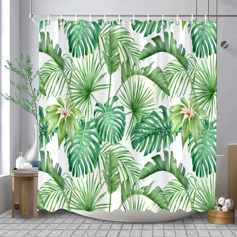 Tropical Plant Parrot Shower Curtain Watercolour Monstera Palm Leaf Birds Pink Floral Green Leaves Bathroom Curtains Home Decor