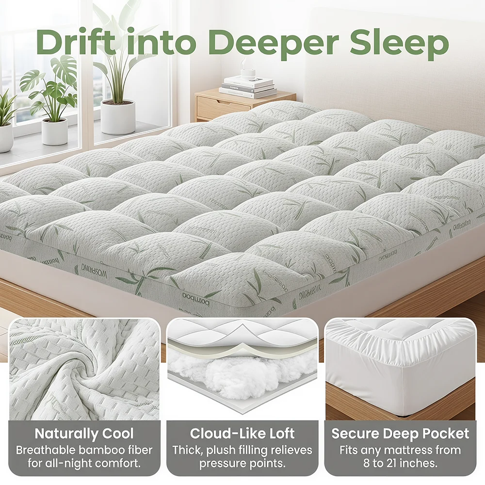 Bamboo Fiber Sponge Mattress Topper Hotel Quality High Resilience Non-Slip Breathable Four Season Machine Washable Fresh Natural