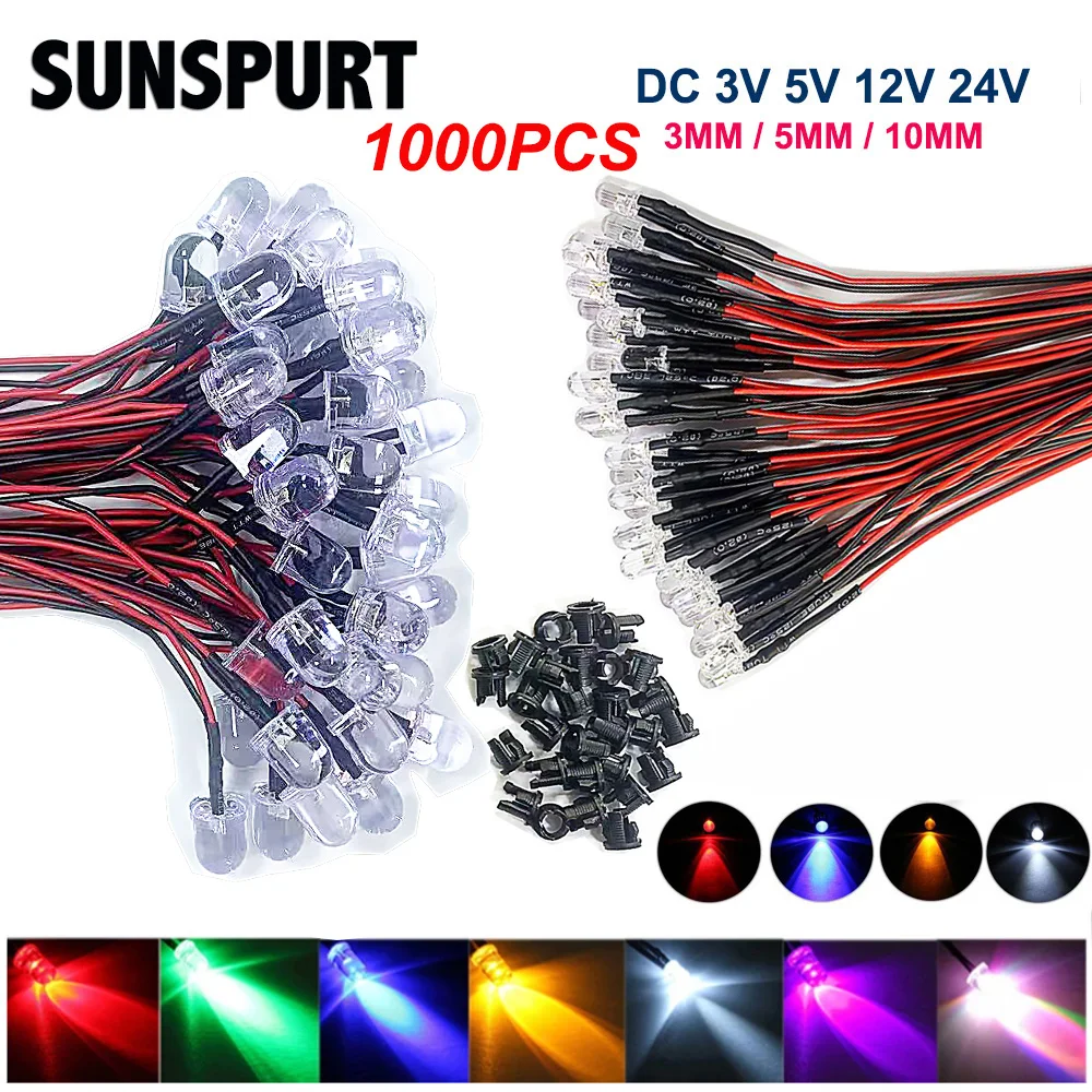 

20-1000pcs 3mm/5mm/10mm Red/Green/Ice Blue/RGB Warm white UV DC3V 5V 12V 24V Round Pre-Wired Water Clear LED With Plastic Holder