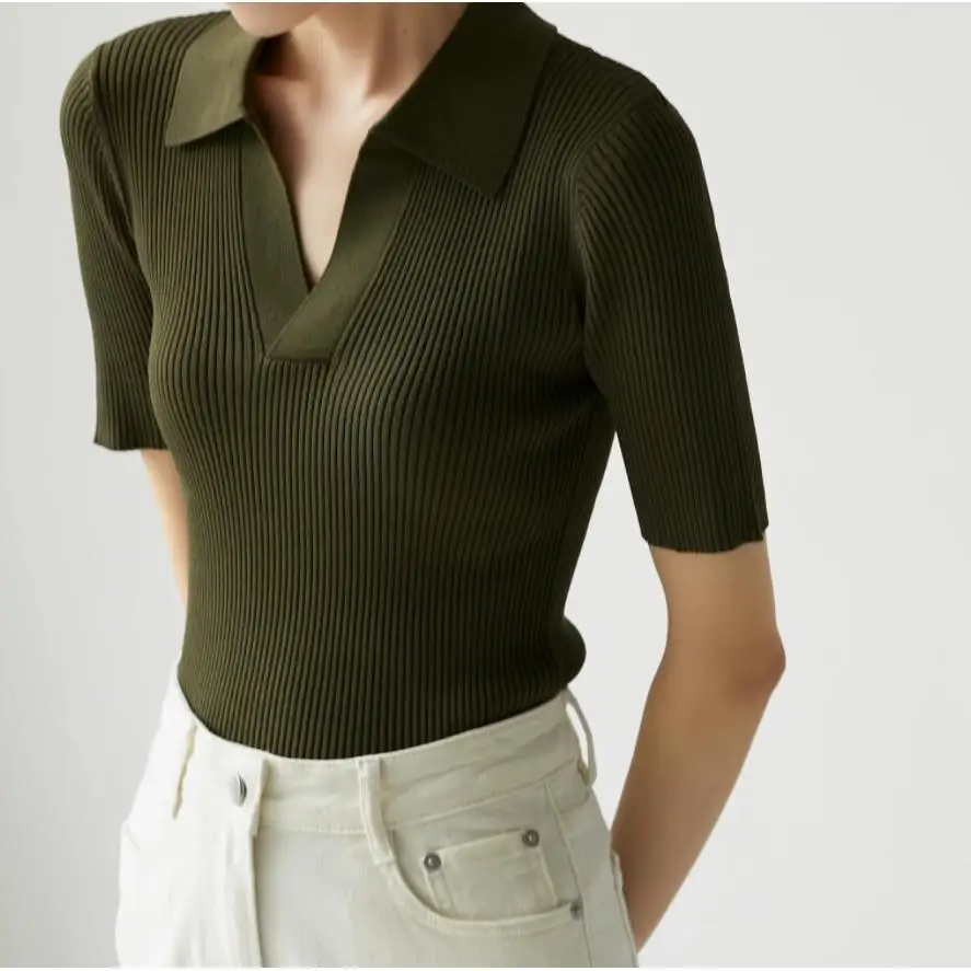 

Casual Style Slim Fit Short Sleeve Neck Knitted Shirt Women's Summer Commute Fashionable And Elegant Slimming Top