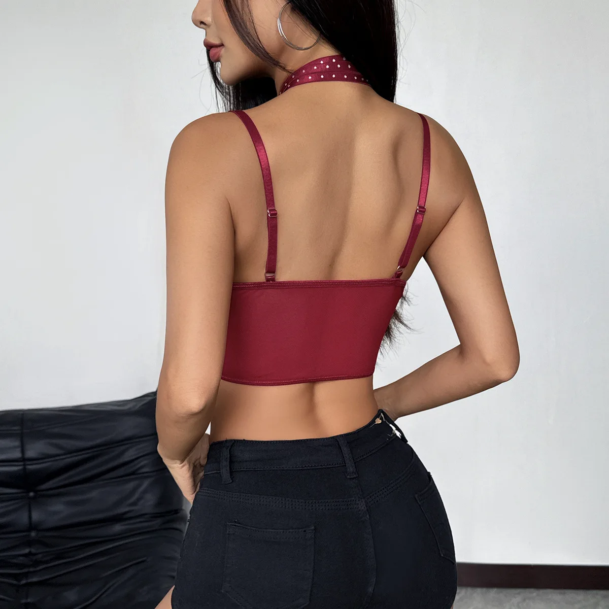 Y2K Black Lace Halter Corset Crop Top Sheer Mesh See-Through Fishbone Bustier Sexy Strappy Tank Top Women Streetwear Club Party