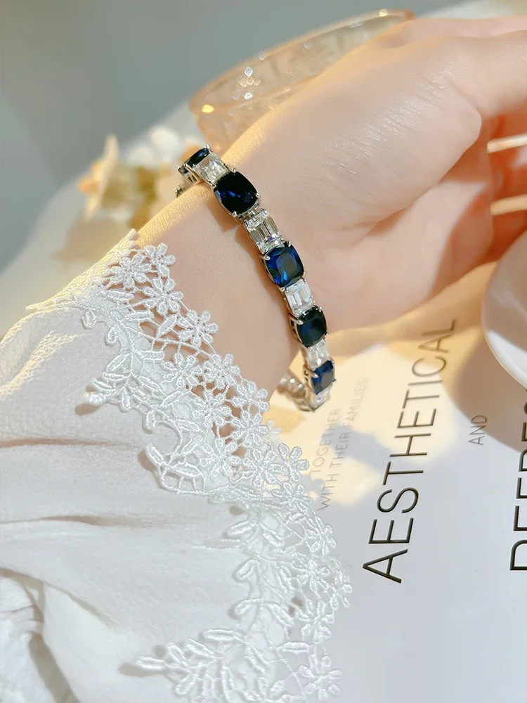 Fashionable Blue Treasure 925 Sterling Silver Bracelet Set with High Carbon Diamonds, Unique Design, Versatile Wedding Jewelry image 3