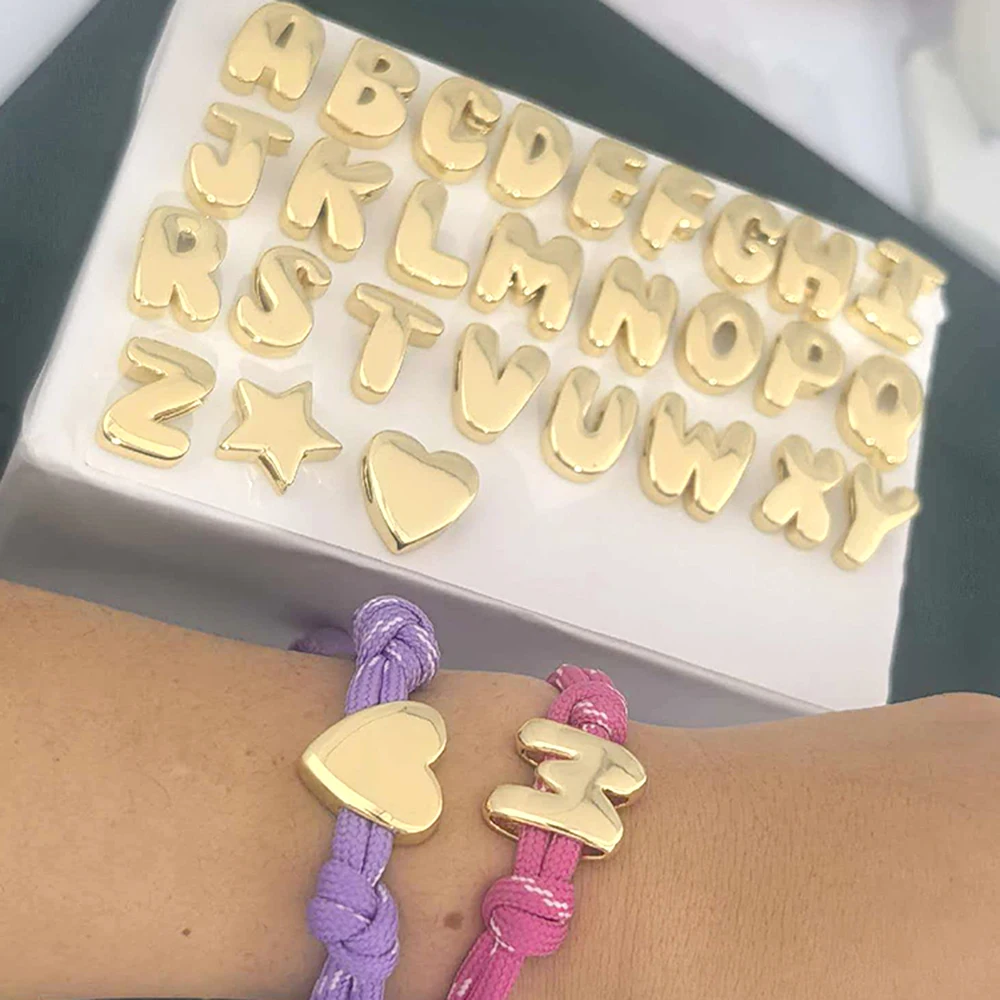 QMHJE-Cuentas espaciadoras con letras del alfabeto inicial para pulsera, colgante con forma de corazón y estrella con agujero grande, Color dorado, fabricación artesanal de cobre, venta al por mayor
