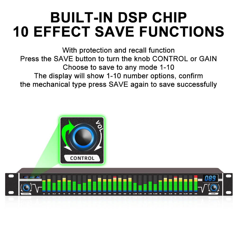 Imagem -02 - Equalizador Digital Profissional Duplo 31-band Efeito Digital Estéreo Led Gráfico Equalizador Controlador Processador de Áudio Eq-a31