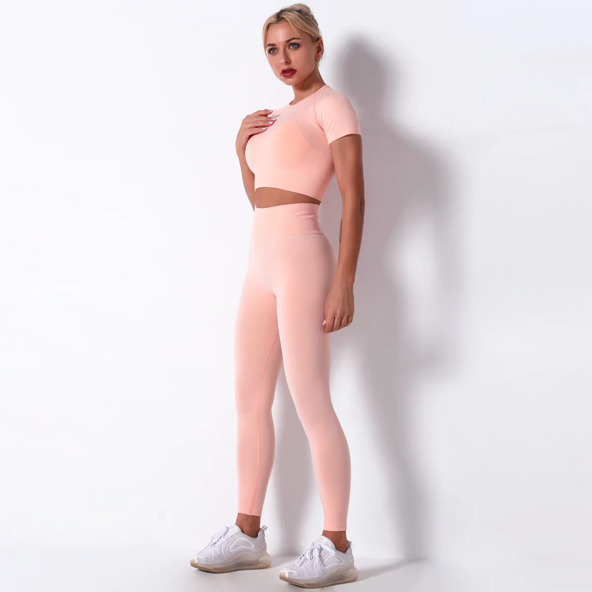 Woman Yoga Suit Seamless Knitted Summer Fitness Exercise Yoga Clothes Women's Suit Gym Sportswear High Waist Leggings Short Tops