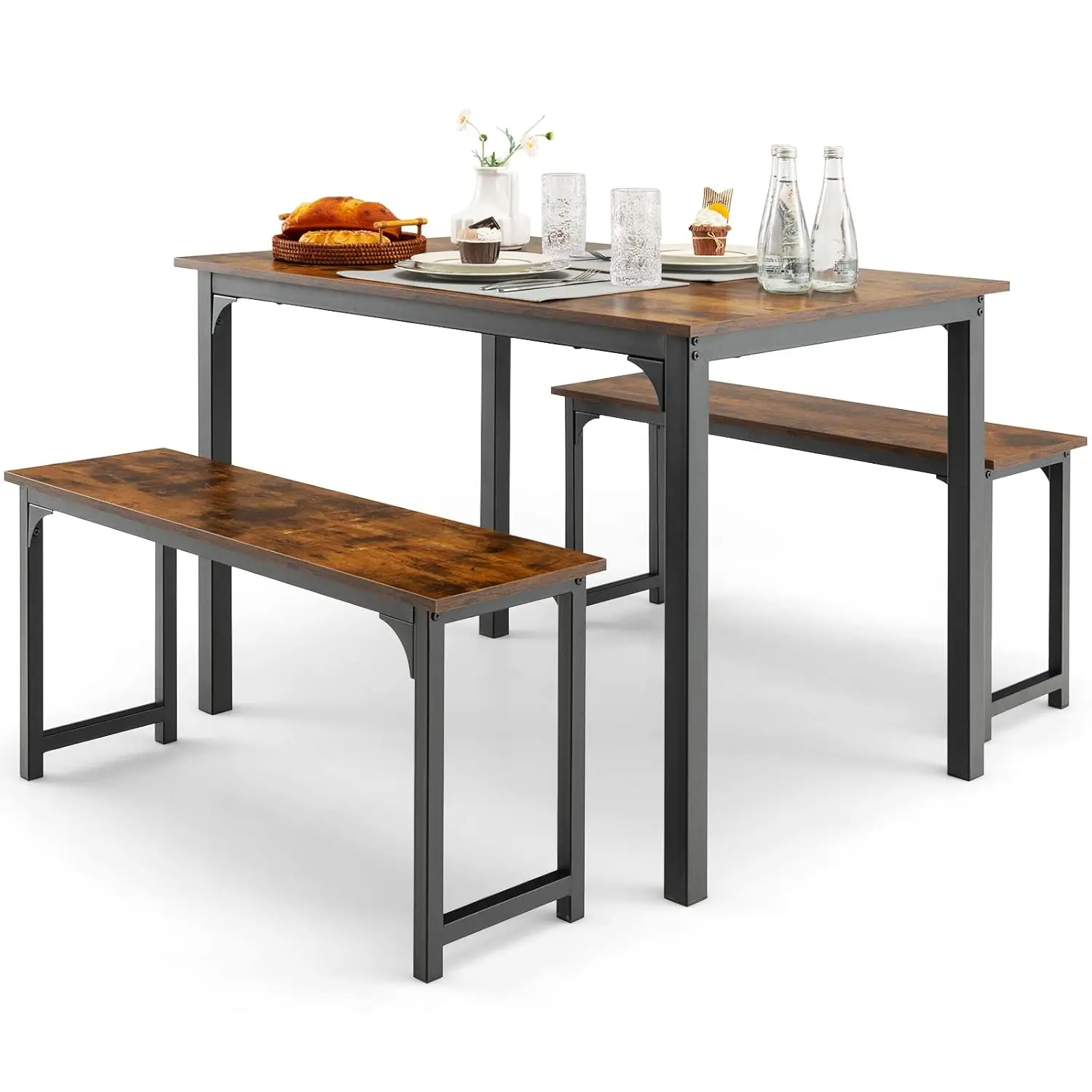 

Dining Table Set for 4, Industrial Kitchen Table Set w/ 2 Benches, Space-Saving Dinette Set for Breakfast Nook,Customized