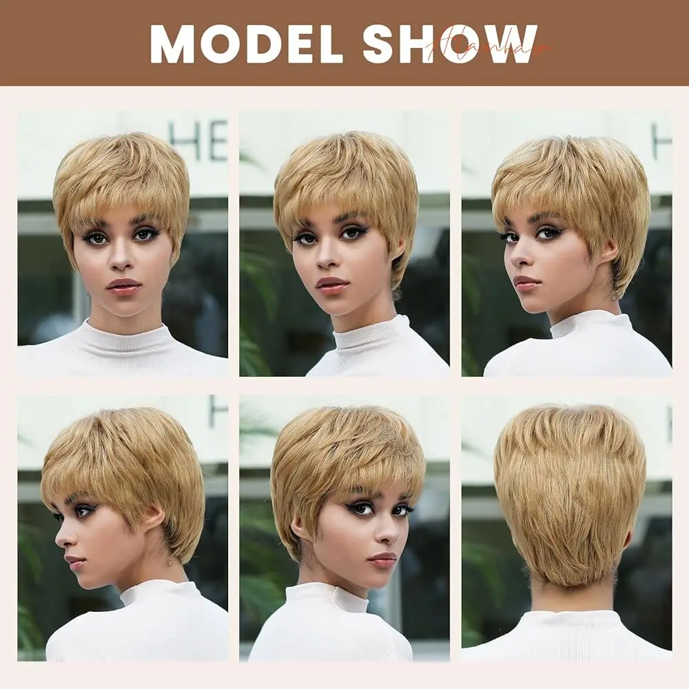 Blonde Golden Pixie Cut Human Hair Wigs for Brazilian Afro Women Short Layered Human Hair Wig Natural Straight Bob Wig with Bang