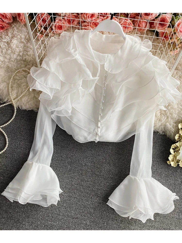 Women Springr Shirt Temperament New French Super Fairy Layer Ruffle Shirt Perspective Western Style Top Flare Sleeve D2798