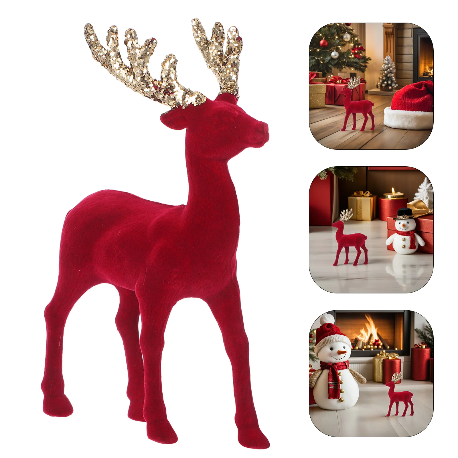

Reindeer Red Glitter Flocked Finish Soft Touch Holiday Deer Statue For Christmas Tree Decor Table Centerpiece Mantle Winter